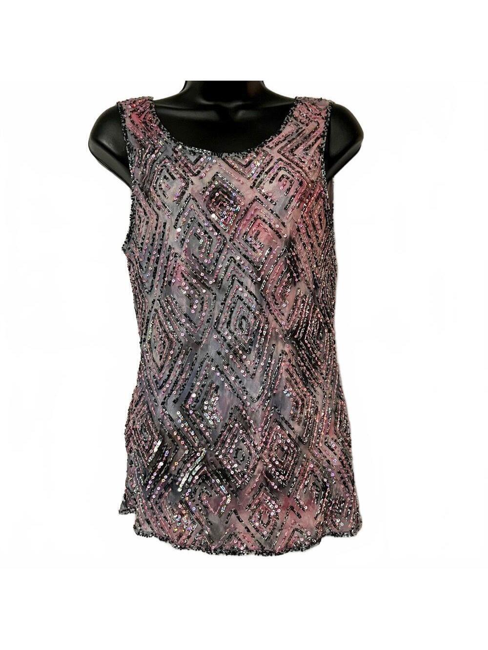 Y2K Boho Fairy Pink Silk Silver beaded Sequin Scoop Back Sleeveless Tunic L VTG